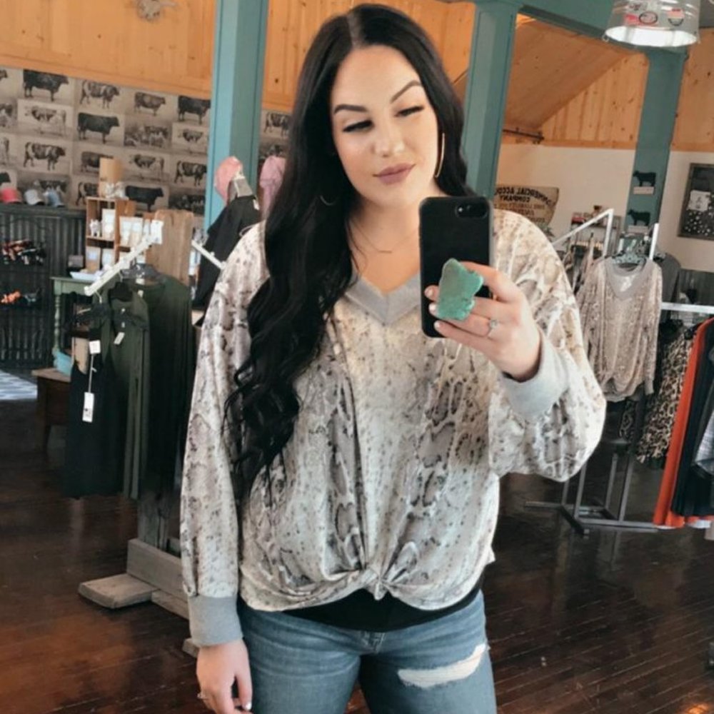 Snake Print Long Sleeve Front Knot Top